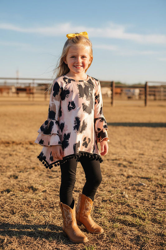 Western leopard top with pompoms black legging girls boutique set XCH0024-11H