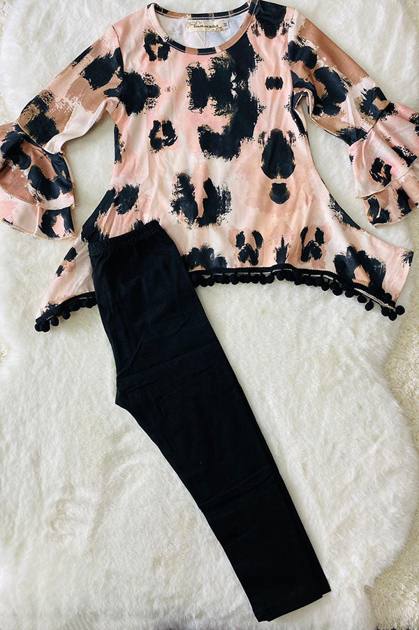 Western leopard top with pompoms black legging girls boutique set XCH0024-11H