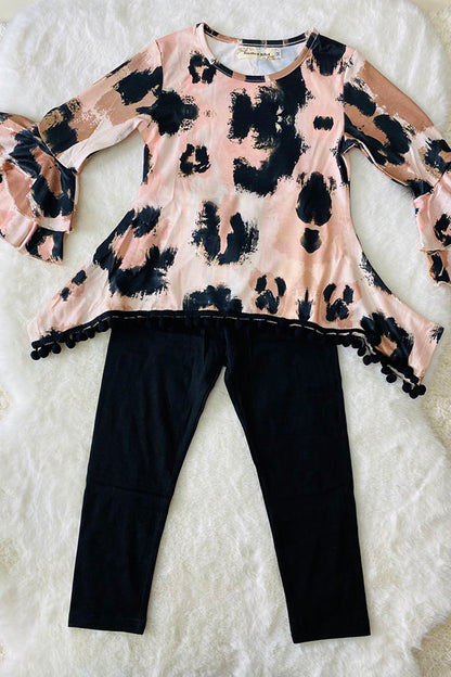 Western leopard top with pompoms black legging girls boutique set XCH0024-11H