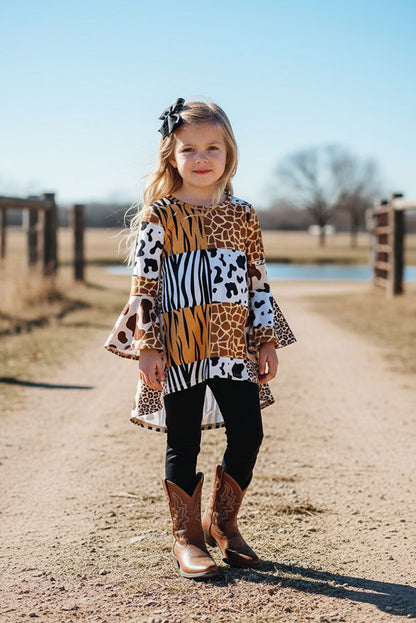 Western animal prints high-low top black legging girls boutique set XCH0024-4H