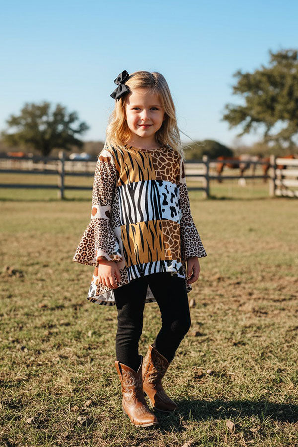 Western animal prints high-low top black legging girls boutique set XCH0024-4H