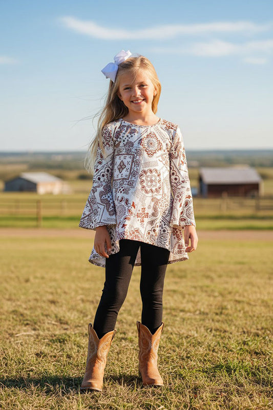 Western paisley bell sleeve top black legging girls boutique set XCH0024-7H