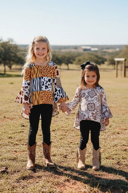 Western animal prints high-low top black legging girls boutique set XCH0024-4H