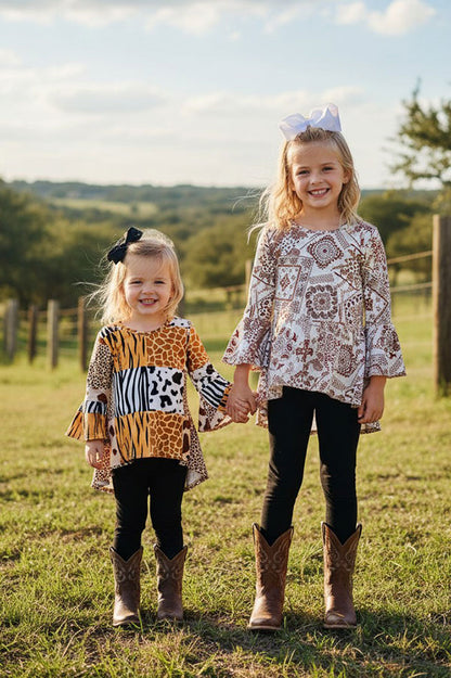Western paisley bell sleeve top black legging girls boutique set XCH0024-7H