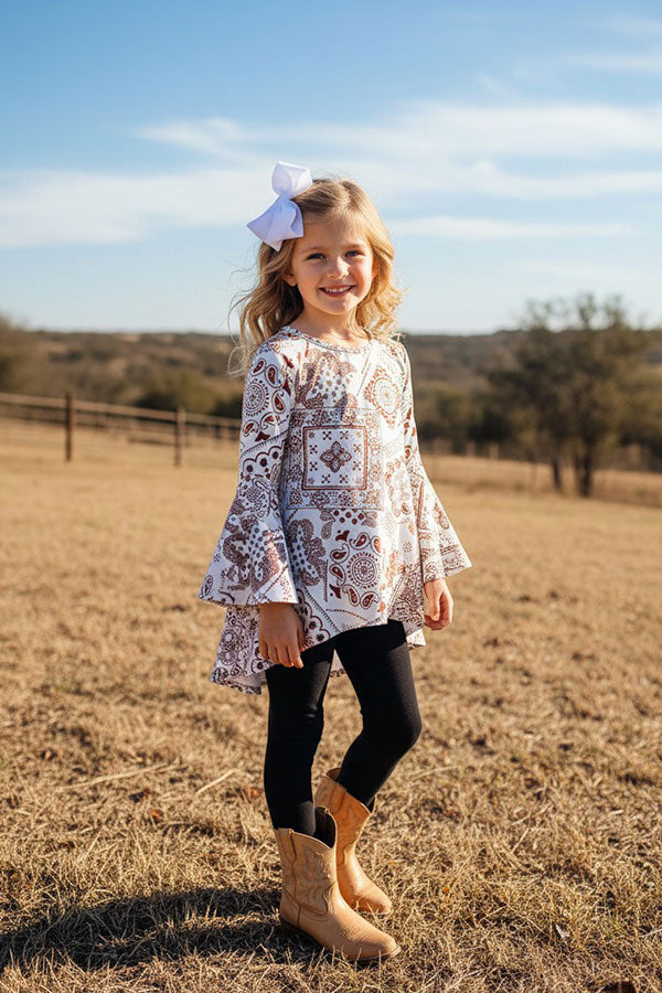 Western paisley bell sleeve top black legging girls boutique set XCH0024-7H
