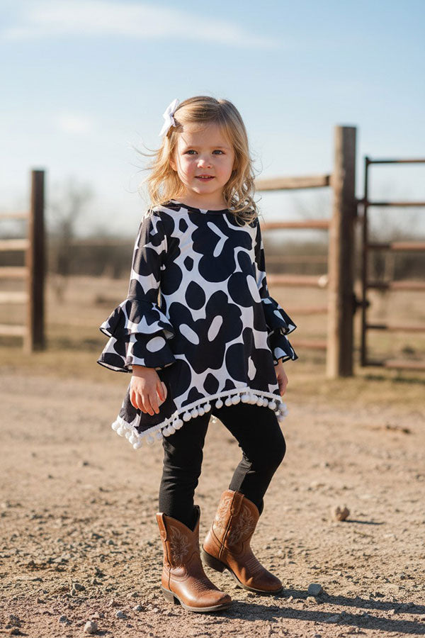 Western high low pompoms top black legging girls boutique set XCH0024-9H