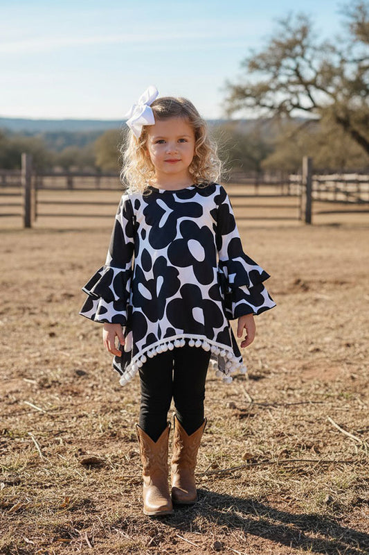 Western high low pompoms top black legging girls boutique set XCH0024-9H