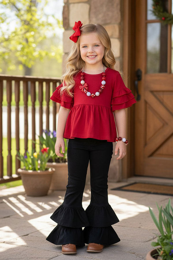 XCH01004 Red triple ruffle half sleeve girls top A7S7
