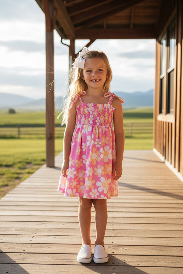 Western dailsy smocked tie-shoulder girls boutique dress XCH03005