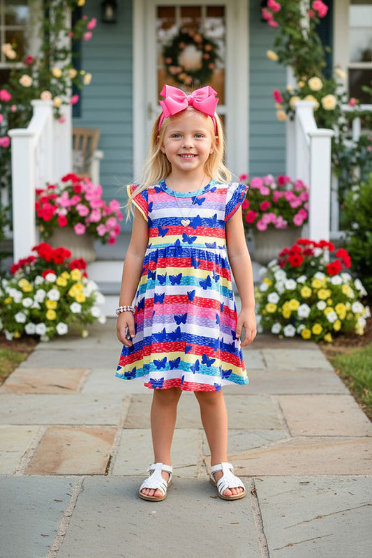 Colorful Striped Butterfly Print Flutter Sleeve A-Line Girls Dress XCH03006