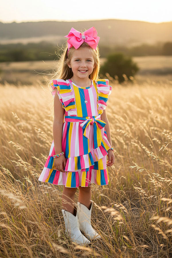 Trendy serape printed ruffled girls boutique dress w/side belt XCH03008