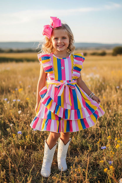 Trendy serape printed ruffled girls boutique dress w/side belt XCH03008
