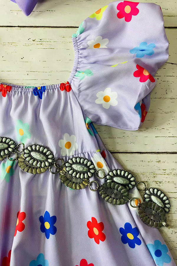 Girls dress wholesale Purple floral print puff short sleeve children's clothing store X03016