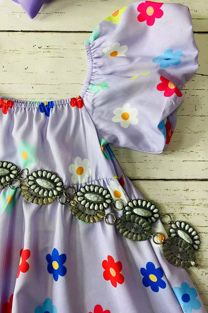 Girls dress wholesale Purple floral print puff short sleeve children's clothing store X03016