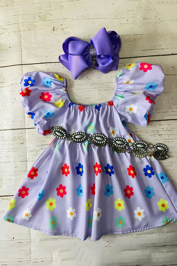 Girls dress wholesale Purple floral print puff short sleeve children's clothing store X03016