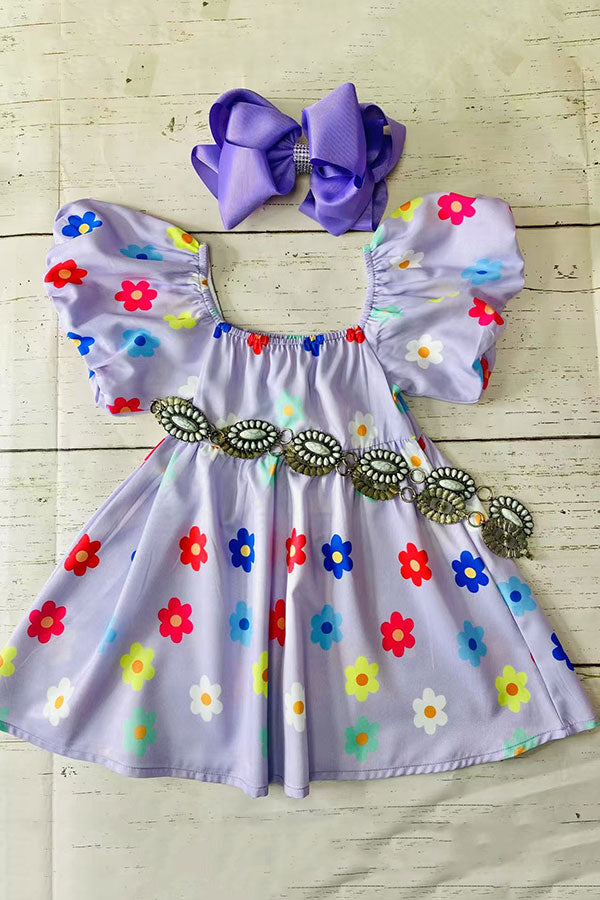 Girls dress wholesale Purple floral print puff short sleeve children's clothing store X03016