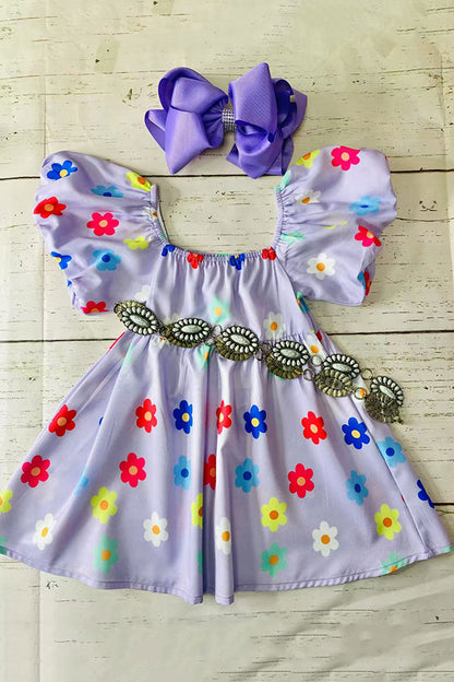 Girls dress wholesale Purple floral print puff short sleeve children's clothing store X03016