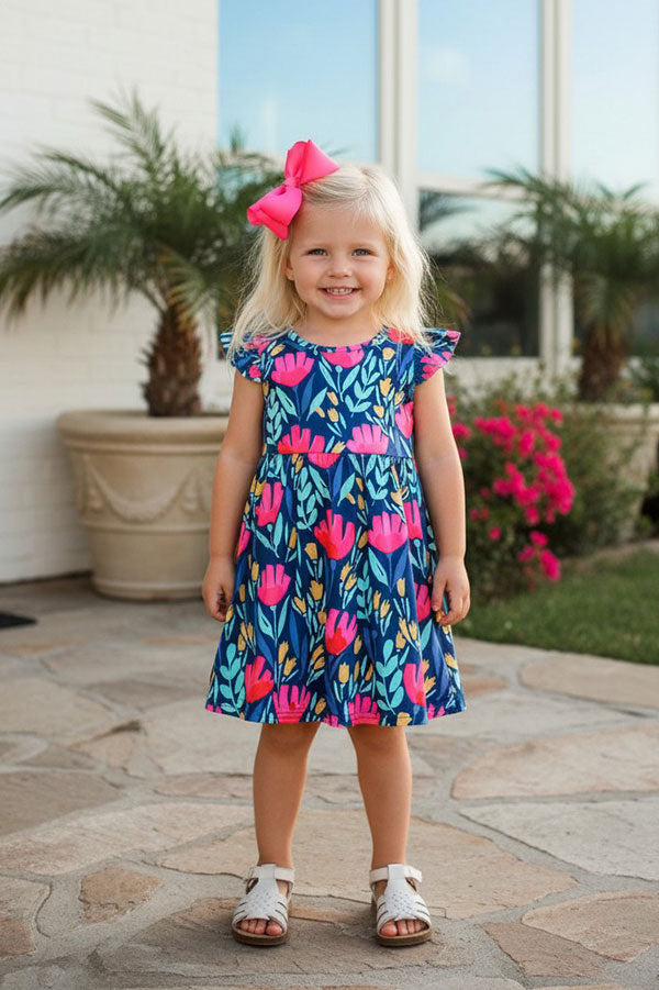 Trendy floral print flutter short sleeve girls boutique dress XCH03021