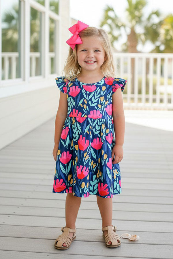 Trendy floral print flutter short sleeve girls boutique dress XCH03021