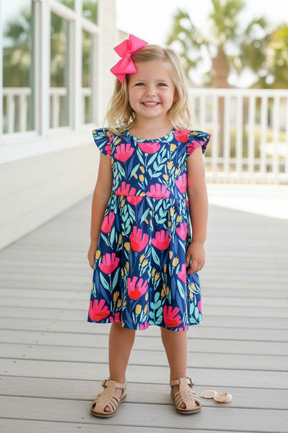 Trendy floral print flutter short sleeve girls boutique dress XCH03021