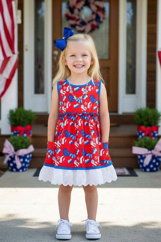 4th july girls dress USA flag & hearts printed & sleeveless & pockets w/lace trim XCH03026