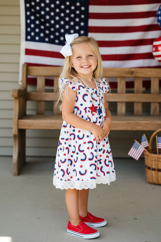 4th July girls dress with lace trim and stars button w/blue headband XCH03028