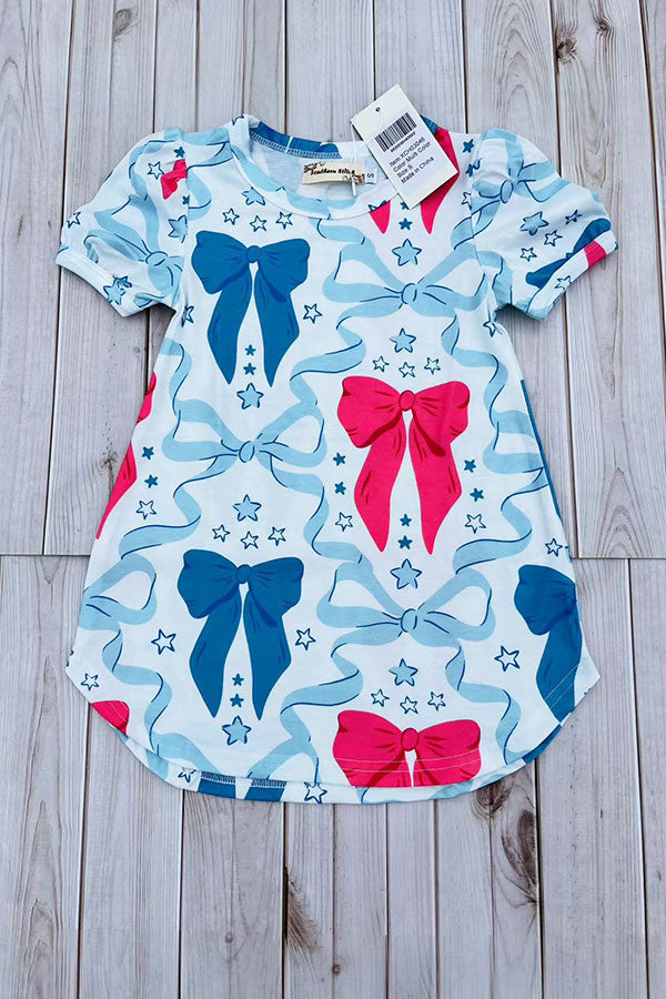 Southern Stitch blue & pink bows printed short sleeve girls dress XCH03046