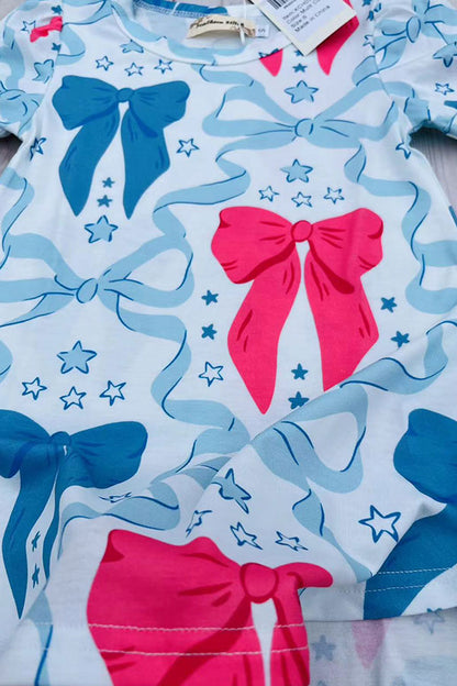 Southern Stitch blue & pink bows printed short sleeve girls dress XCH03046