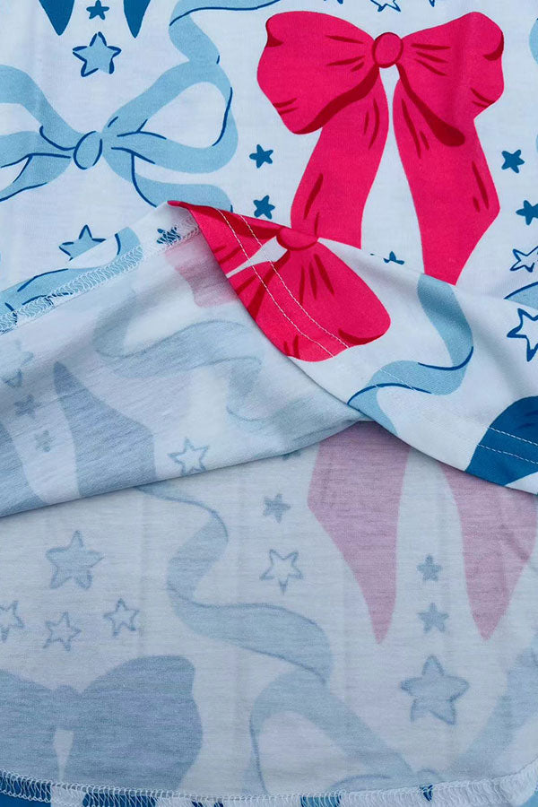 Southern Stitch blue & pink bows printed short sleeve girls dress XCH03046