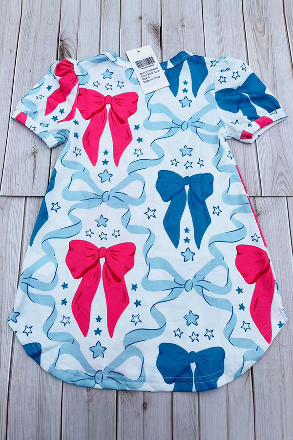 Southern Stitch blue & pink bows printed short sleeve girls dress XCH03046