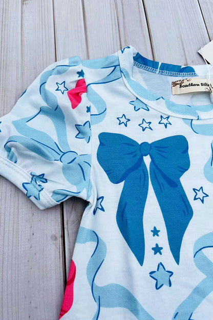 Southern Stitch blue & pink bows printed short sleeve girls dress XCH03046