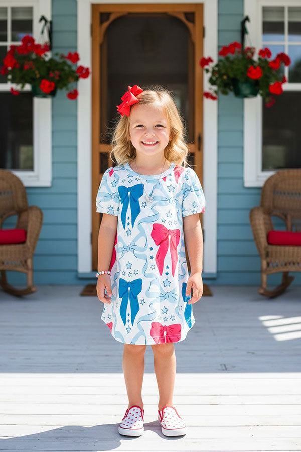 Southern Stitch blue & pink bows printed short sleeve girls dress XCH03046
