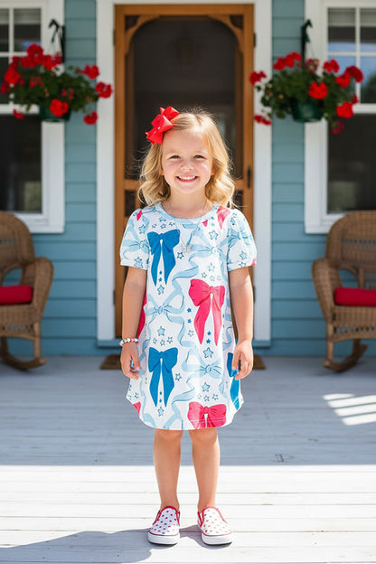 Southern Stitch blue & pink bows printed short sleeve girls dress XCH03046