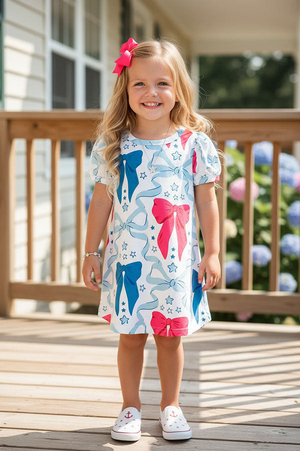 Southern Stitch blue & pink bows printed short sleeve girls dress XCH03046