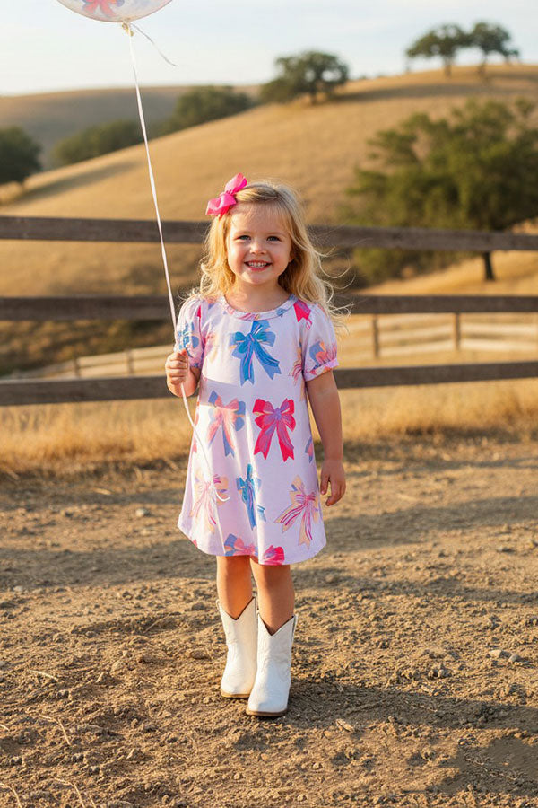 Chic pink blue bows short sleeve girls boutique dress XCH03047