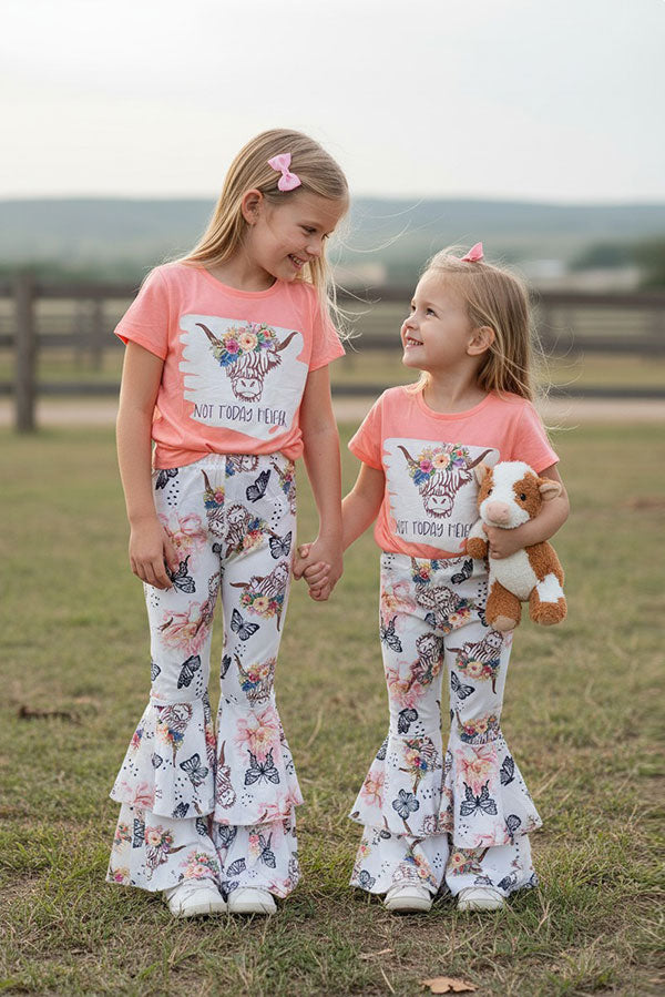 Western NOT TODAY HELFER & Bull top butterfly floral pant girls boutique set XCH0333-15H