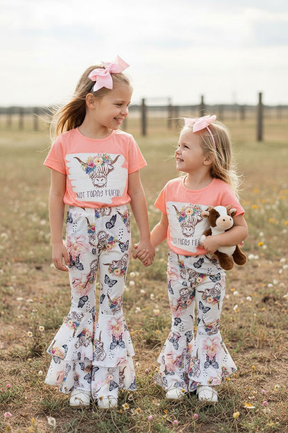 Western NOT TODAY HELFER & Bull top butterfly floral pant girls boutique set XCH0333-15H