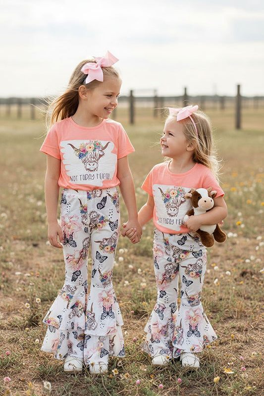 Western NOT TODAY HELFER & Bull top butterfly floral pant girls boutique set XCH0333-15H
