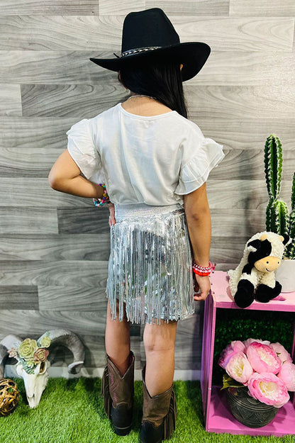 Western Little MISS SASSY PARTY top silver fringe skirt girls boutique set XCH0333-16H