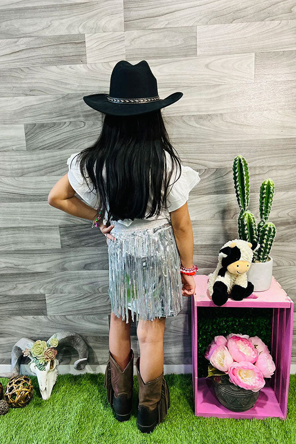 Western Little MISS SASSY PARTY top silver fringe skirt girls boutique set XCH0333-16H