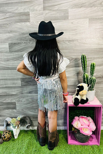 Western Little MISS SASSY PARTY top silver fringe skirt girls boutique set XCH0333-16H