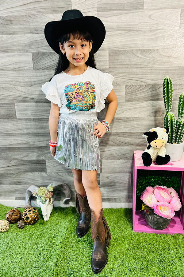 Western Little MISS SASSY PARTY top silver fringe skirt girls boutique set XCH0333-16H