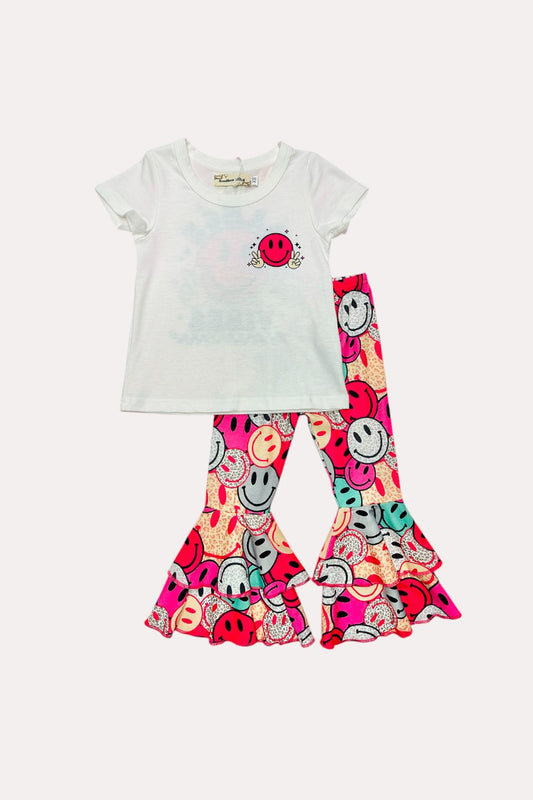 X0333-17 Smile face printed top & bell bottom girls sets
