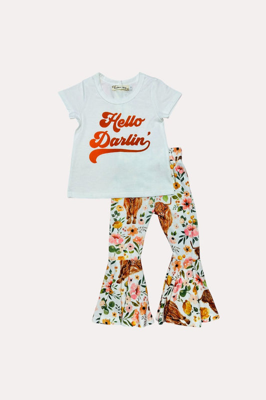 X0333-20 "HELLO DARLIN" bulls & floral print 2pc girls set
