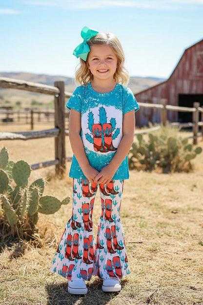 Western boots & cactus top bell bottom girls boutique set XCH0333-25H