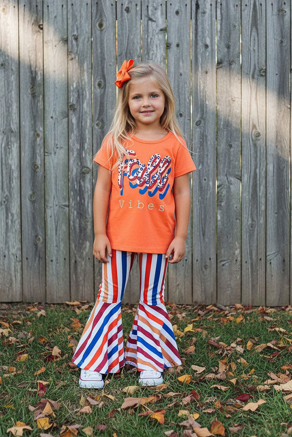 Western "FALL VIBES" orange top & stripes girls boutique set XCH0333-26H