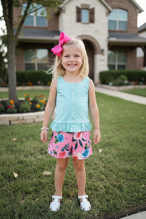 Tiffany blue top w/pink floral shorts girls boutique set XCH0333-2H