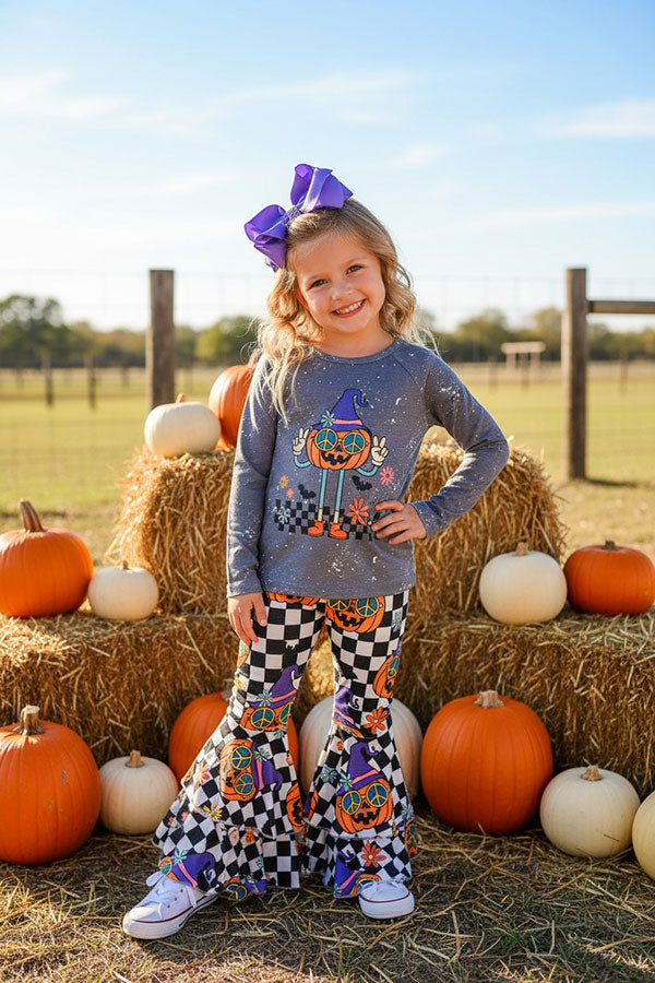 Halloween checkered pumpkin top & pant girls boutique set XCH0333-30H