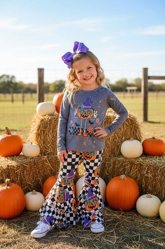 Halloween checkered pumpkin top & pant girls boutique set XCH0333-30H