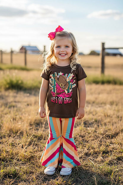 Western prints top striped bell bottom girls boutique sets XCH0333-5H
